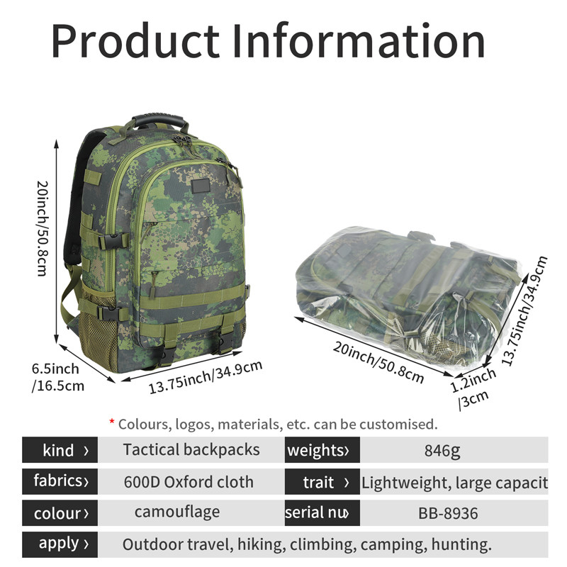 Negro Gran capacidad a prueba de agua Viajes personalizados Mochila táctica militar con cinturón de hombro para hombres