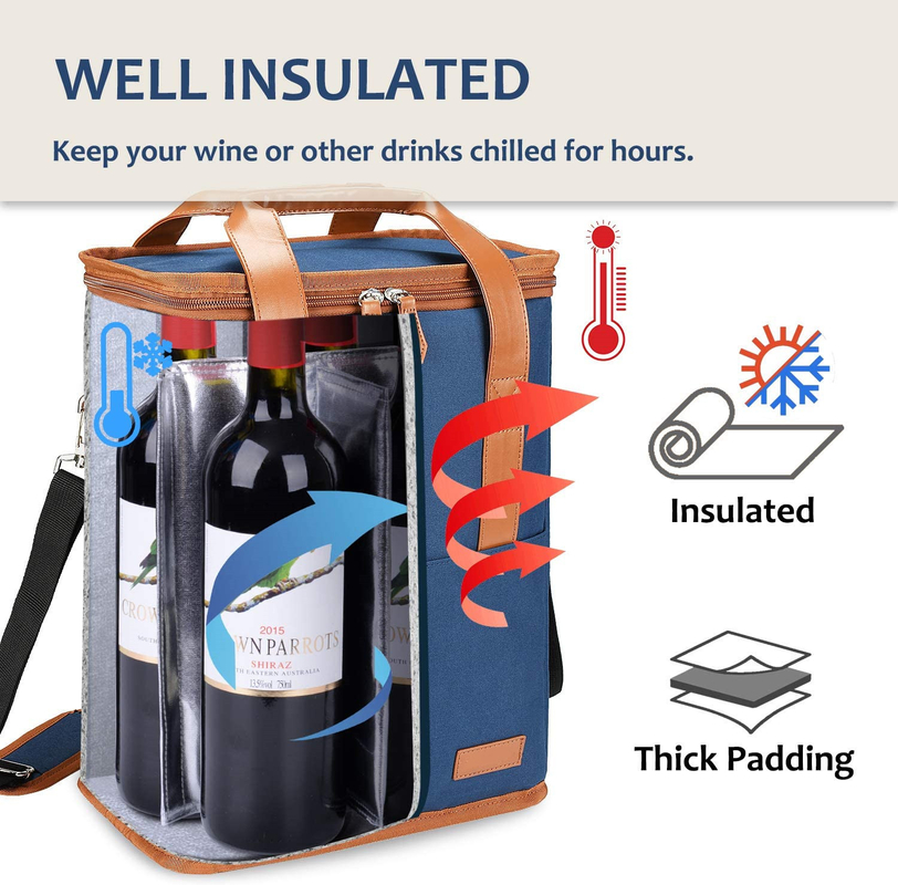 Xl Bolsa de refrigeración aislada personalizada para comestibles 6 botellas de vino 8.6X7.1X12.5