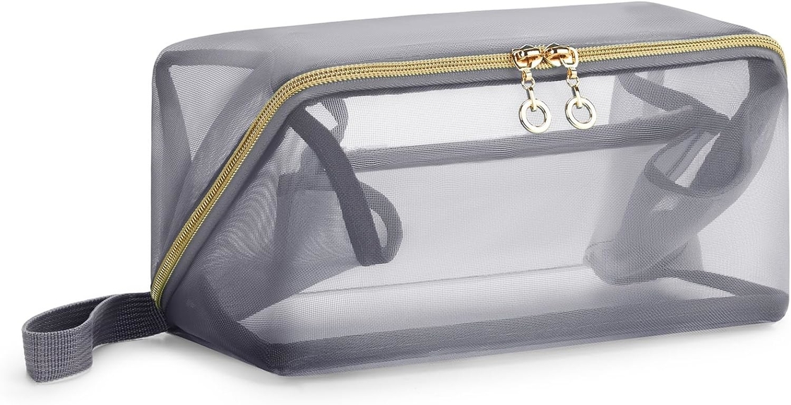 Bolso cosmético de malla negra portátil de gran tamaño con organizador plano abierto Bolso de viaje para hombres mujeres
