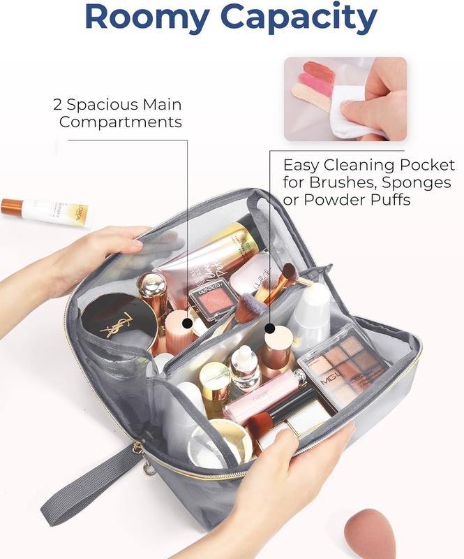 Bolso cosmético de malla negra portátil de gran tamaño con organizador plano abierto Bolso de viaje para hombres mujeres