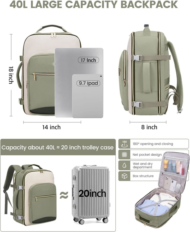 TSA artículo personal 40L impermeable de gran porte en la aerolínea Bolso de viaje aprobado con 3 cubos de embalaje
