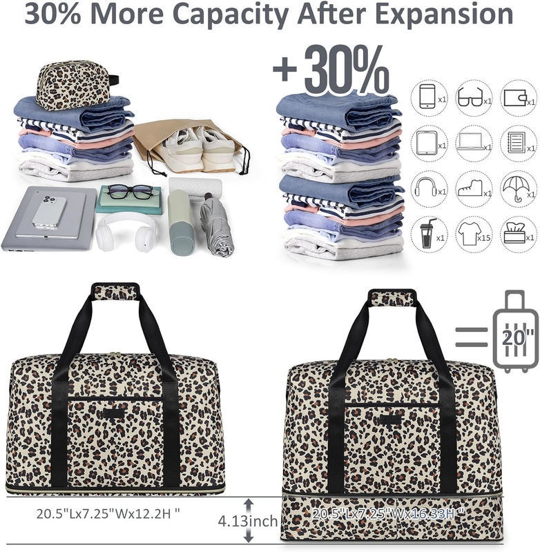 Leopard Extensible Large Weekender Overnight Waterproof Carry on Shoulder Tote Bolso de viaje y bolso de aseo