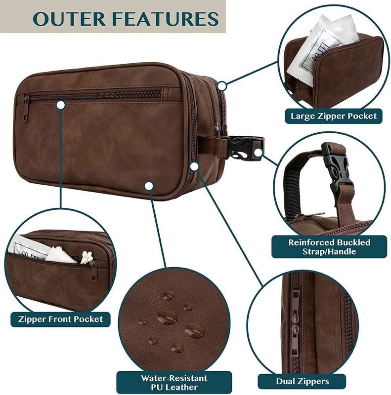 Dopp Kit resistente al agua de color marrón oscuro PU Bolso de afeitar de cuero organizador de bolso de viaje para accesorios higiene cosmética