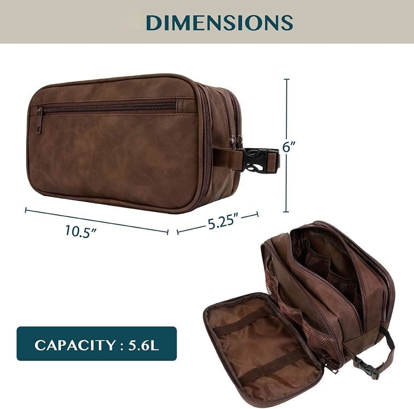 Dopp Kit resistente al agua de color marrón oscuro PU Bolso de afeitar de cuero organizador de bolso de viaje para accesorios higiene cosmética