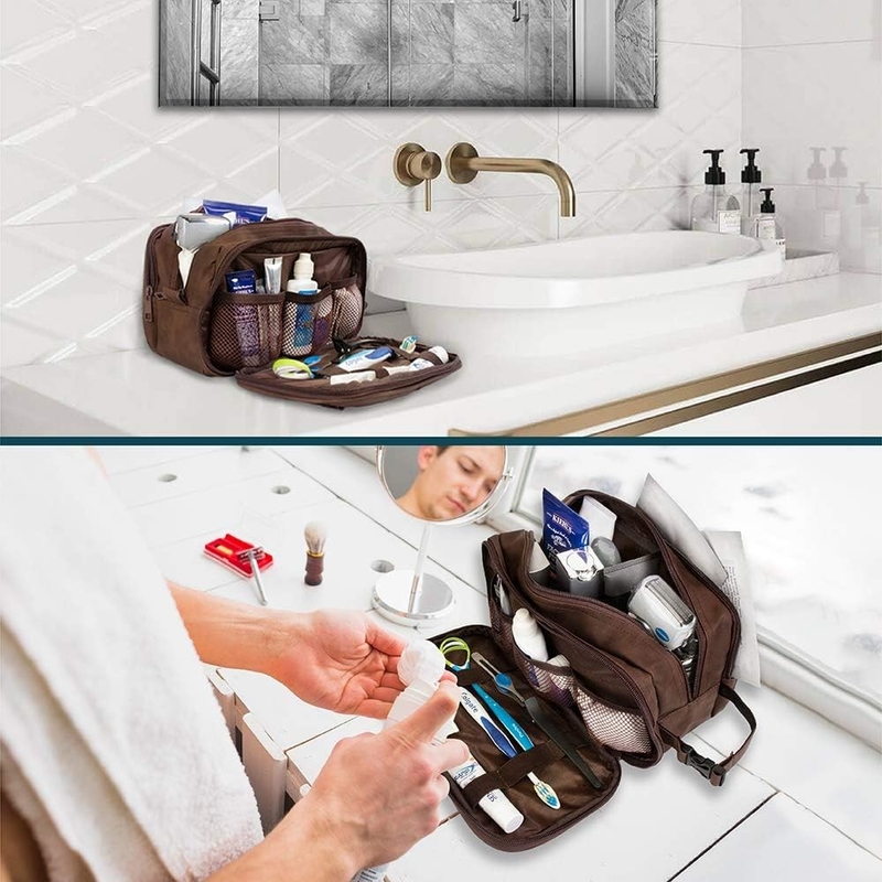 Dopp Kit resistente al agua de color marrón oscuro PU Bolso de afeitar de cuero organizador de bolso de viaje para accesorios higiene cosmética