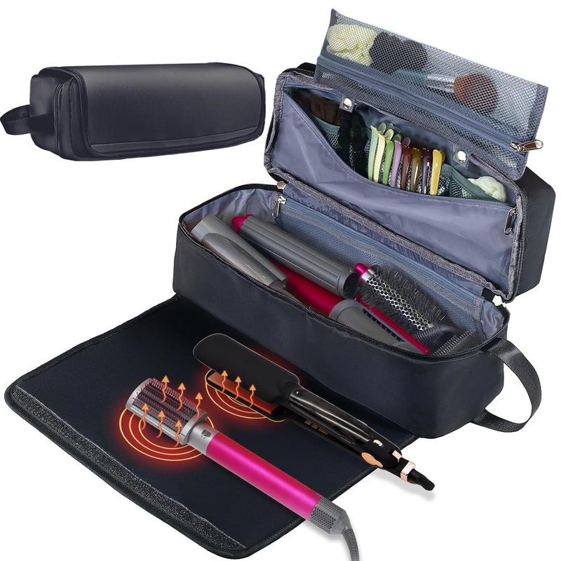 Bolso de viaje para el cabello 2 en 1 con esterilla resistente al calor para hierros planos alisadores de hierro de rizado y accesorios para el cuidado del cabello