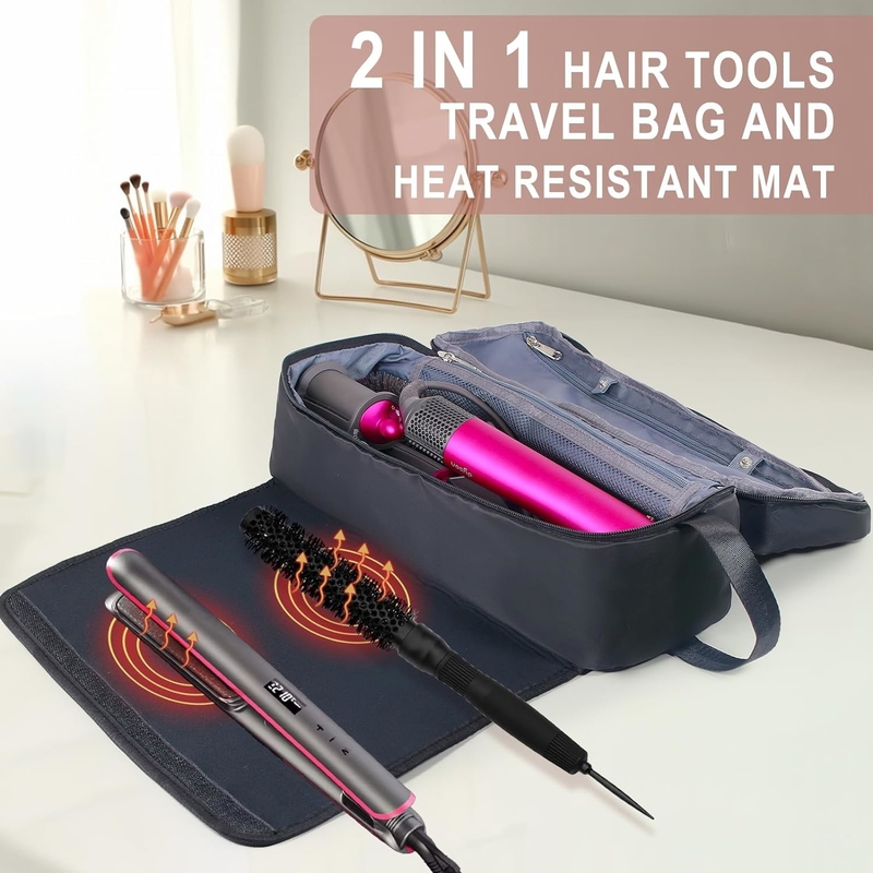 Bolso de viaje para el cabello 2 en 1 con esterilla resistente al calor para hierros planos alisadores de hierro de rizado y accesorios para el cuidado del cabello