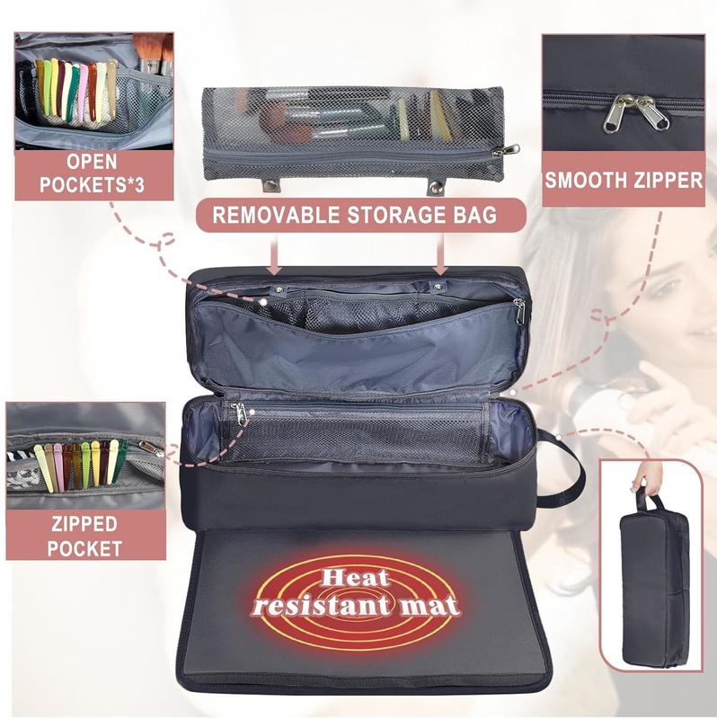 Bolso de viaje para el cabello 2 en 1 con esterilla resistente al calor para hierros planos alisadores de hierro de rizado y accesorios para el cuidado del cabello
