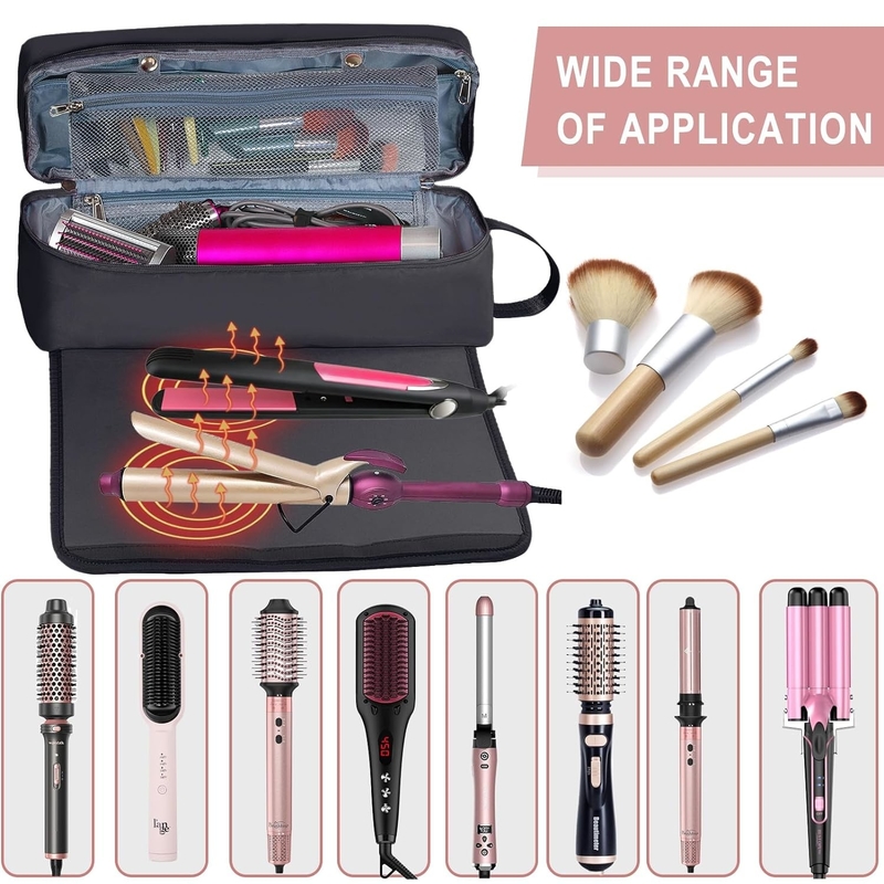 Bolso de viaje para el cabello 2 en 1 con esterilla resistente al calor para hierros planos alisadores de hierro de rizado y accesorios para el cuidado del cabello