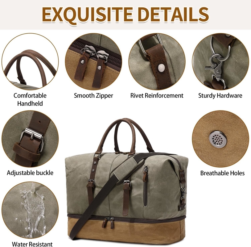 Green Weekender Large Canvas para pasar la noche Carry on Sport Gym Yoga Bolso de viaje con compartimiento para zapatos