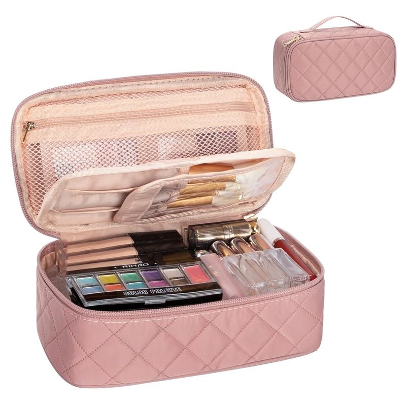 Bolso de viaje portátil rosa lindo pequeño maquillaje cepillo organizador personalizado con compartimiento