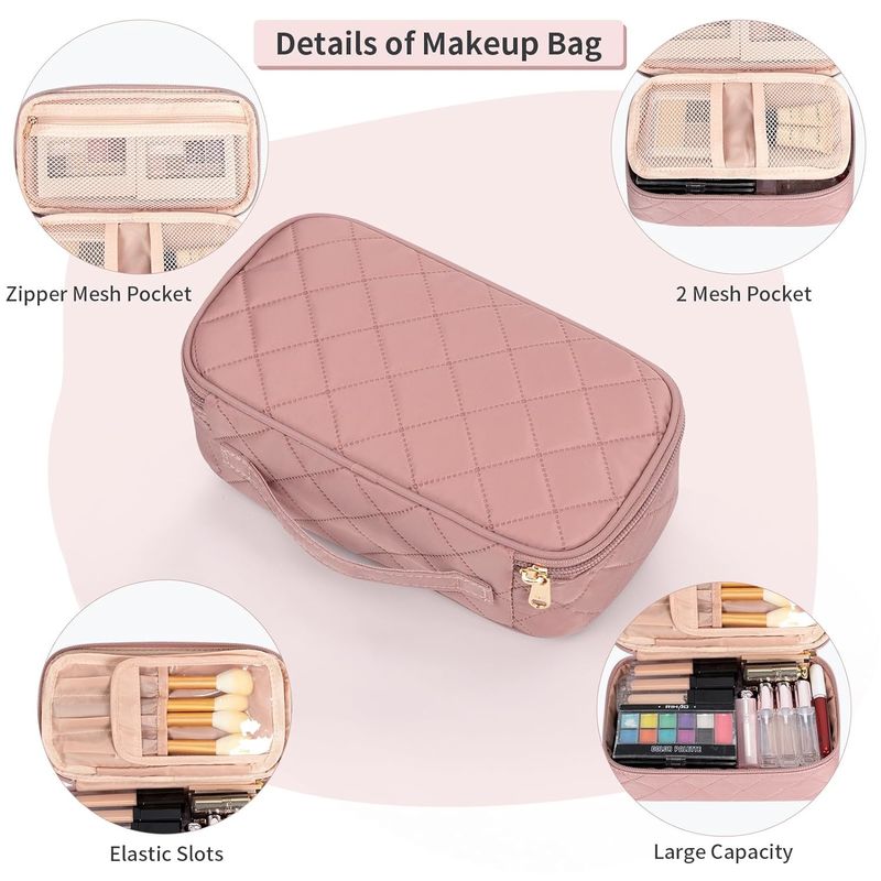 Bolso de viaje portátil rosa lindo pequeño maquillaje cepillo organizador personalizado con compartimiento