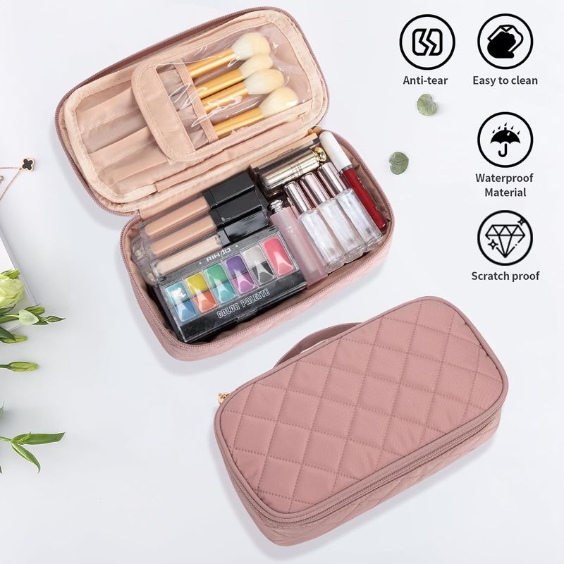 Bolso de viaje portátil rosa lindo pequeño maquillaje cepillo organizador personalizado con compartimiento