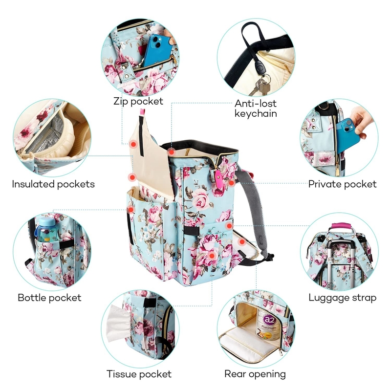 Bolso de pañales de viaje de gran capacidad resistente al agua para mamá y papá