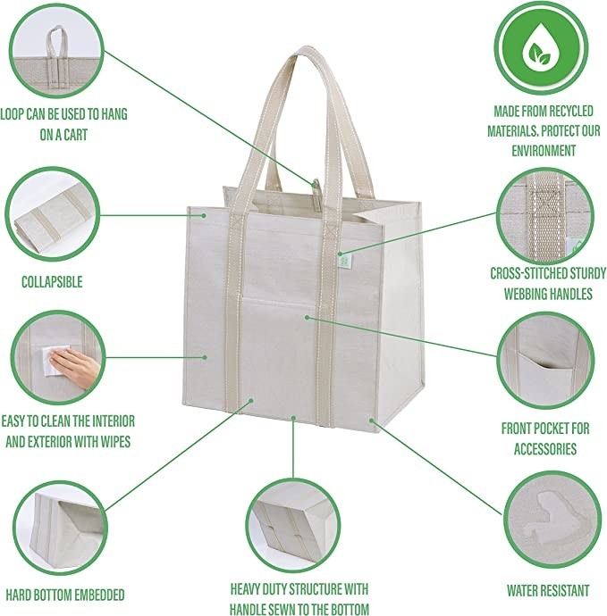 Bolso de compras de lona de trabajo pesado con bolsillos con cremallera Codycross Comestibles ecológicos