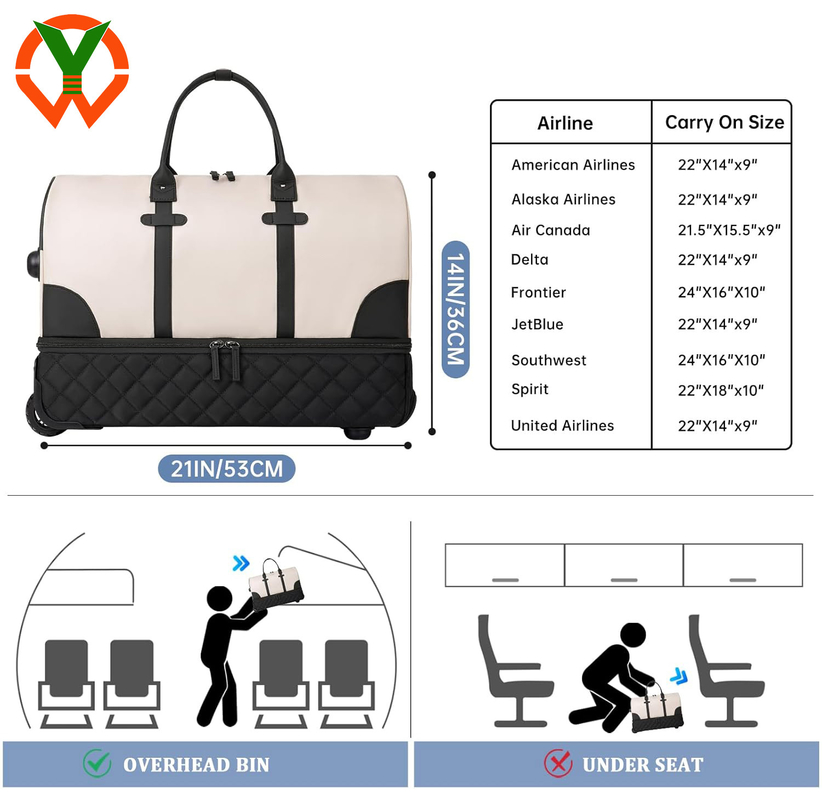Bolso de viaje rodante de 21 pulgadas de gran capacidad con compartimiento para zapatos y ruedas para mujeres