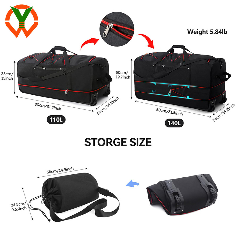 120L/140L Doble rueda de goma plegable bolso de viaje con múltiples bolsillos y compartimientos